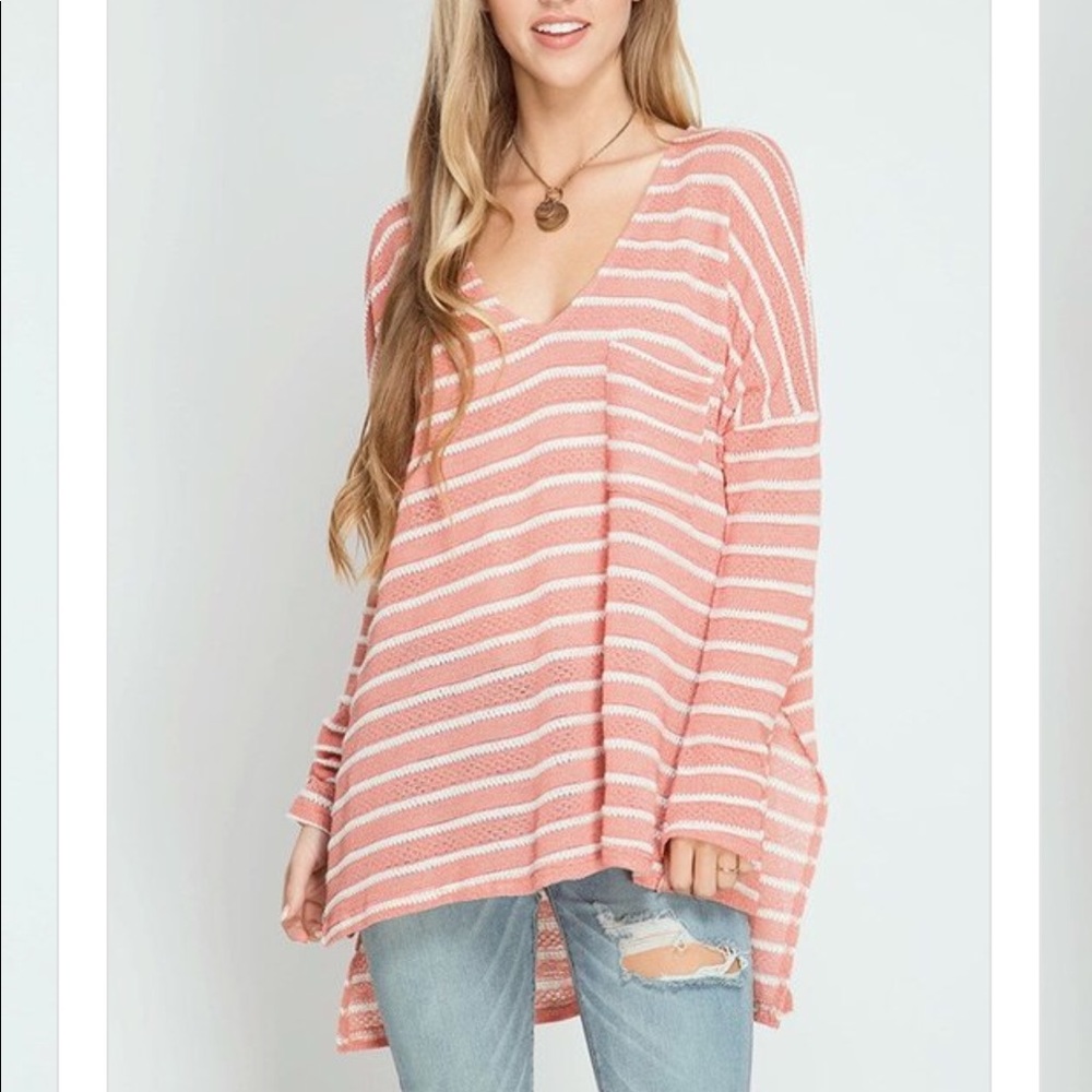 ✨LAST Peach stripes high low vneck long sleeve top - Picture 2 of 8